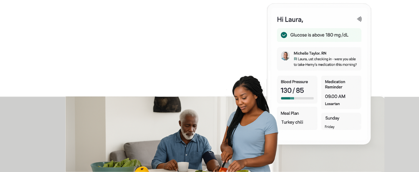 A caregiver preparing a healthy meal with an elderly family member, alongside a health dashboard showing glucose, blood pressure, and medication reminders